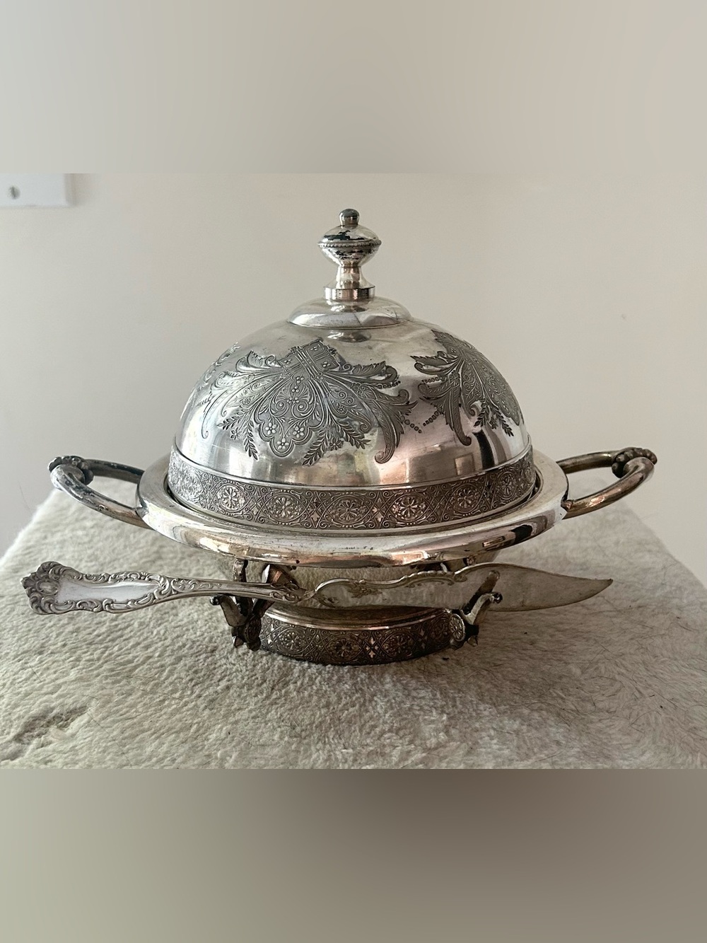 Genuine Antique, Silver Plated, Covered Butter Serving Dish with Carving Knife